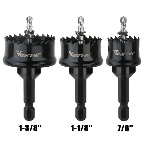 Three-piece Beefy Bi-Metal Hole Saw Kit 7/8, 1-1/8, 1-3/8 Inch M42 Cobalt Teeth with Arbors, black, by Vearter.