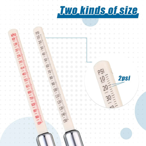 Dual-head tire pressure gauges, two silver units with PSI/Bar scales, 10–150 PSI range.