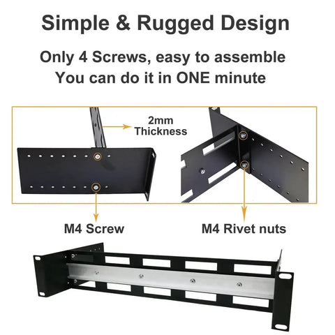 Depth Adjustable 19 Inch Rack Mount Din Rail Rack Ready Chassis With Aluminum Bracket, simple design, M4 screws and rivet nuts visible