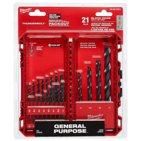 Thunderbolt Black Oxide Drill Bit Set, 21-piece high speed steel bits for metal and wood, Milwaukee 48-89-2801 packaging.