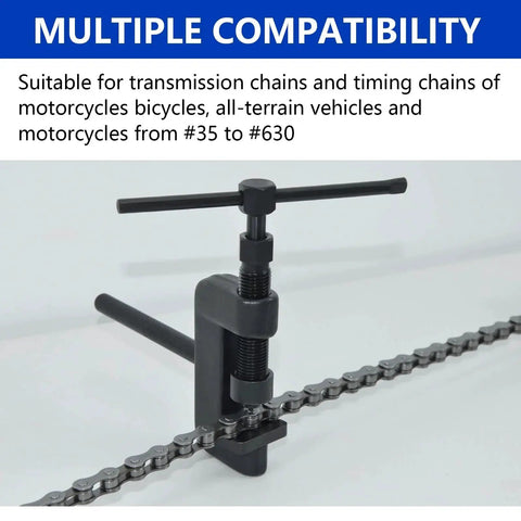 Ultimate 13 Piece Motorcycle Chain Breaker Set With Rivet Tool Kit For Motorcycles ATVs Dirt Bikes And Bicycles shown with tool on chain