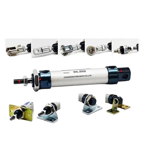 Front view of MAL25 aluminum pneumatic mini cylinder with 25mm bore; mounting hardware included