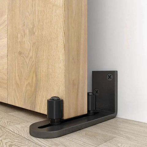 Sliding Barn Door Floor Guides Adjustable Stay Roller Hardware Kit With Smooth Ball Bearings Flat Bottom Design Flush With Floor Wall Mount Roller Guide For Small Space Black Rust Resistant Finish installed on wood door