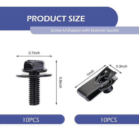 Heavy Duty Automotive Body Bolts And U Nut Clips Kit M6 1.0 Universal Car Fasteners dimensions with 10 bolts and 10 U nuts