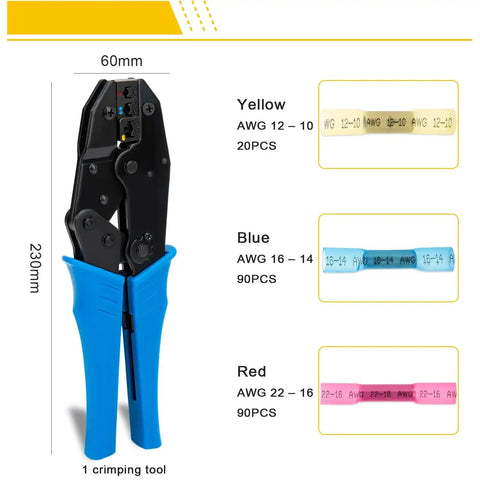 Butt crimping tool with blue handles beside yellow, blue and red heat-shrink butt connectors (20/90/90 pcs)