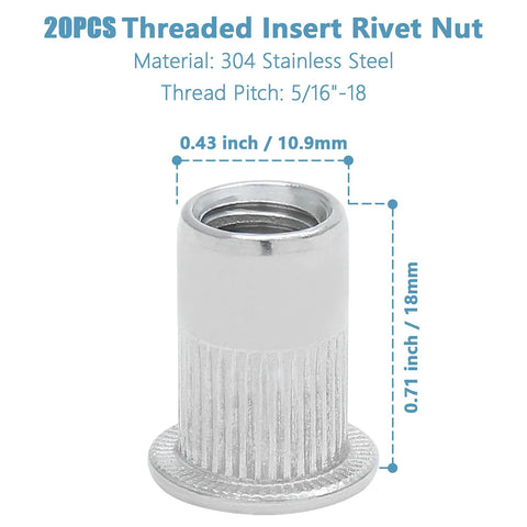 Pro-Grade 20-Pack DIY-Friendly 304 Stainless Steel Threaded Rivet Nuts 5/16-18 UNC, flat knurled body, 0.71 inch length, shown with dimensions.