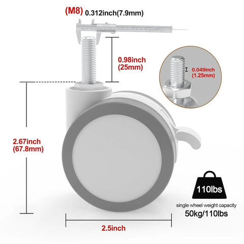 Lockable Stem Caster Wheels Set Of 4, 2.5 Inch White Swivel Casters With M8 Metric Threads, Each 110lbs Load Capacity diagram