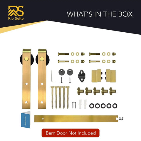 Gold Barn Door Hardware Kit For Sliding Doors, Modern Brushed Brass Finish, components laid out with screws and brackets, door not included.