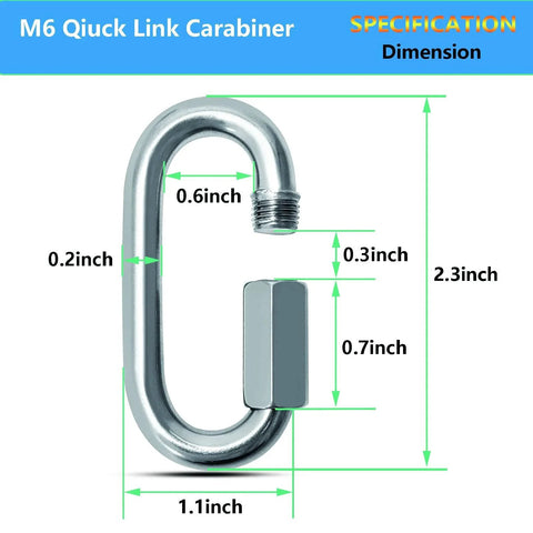 Diagram of a 50 Pack One Quarter Inch Quick Links Chain Connectors With Six Hundred Twenty Pound Capacity Heavy Duty Galvanized Carabiner Clips dimensions.