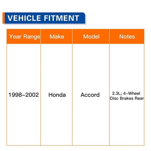 Vehicle fitment chart for Rear Wheel Hub Bearing Assembly 512178 Pair For Honda Accord 1998 1999 2000 2001 2002 2.3L With Four Wheel Disc Brakes Budget Friendly Replacement Durable Steel Hubs For Smooth Quiet Operation