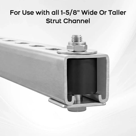 Close-up of Unistrut Trolley Stopper Anti Fall for One And Five Eighths Inch Strut, shown installed in a channel system.