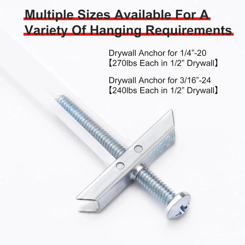 Heavy Duty Drywall Anchor Kit With 3/16-24 Included Bolts For Hollow Wall Mounting Stainless Steel Anchors For TV Mounts
