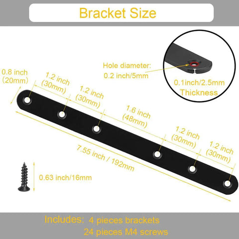 Diagram of 4 Pack Black Straight Brace Brackets 8 Inch Stainless Steel Flat Mending Plates with size and screw details