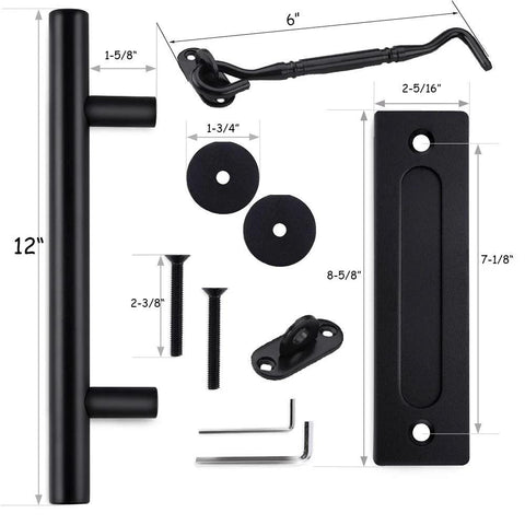 12 Inch Black Barn Door Handle With Latch Set, Heavy Duty Solid Carbon Steel Gate Pull, Rust-Resistant Powder Coat, Hardware Kit