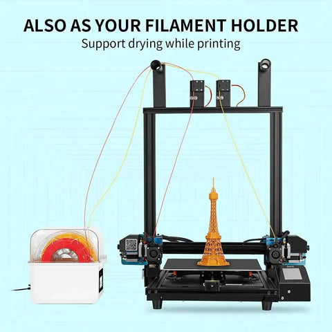 Moisture Busting Filament Dehydrator Dry Box With Upgraded Fan beside 3D printer, supporting filament drying and printing Eiffel Tower model