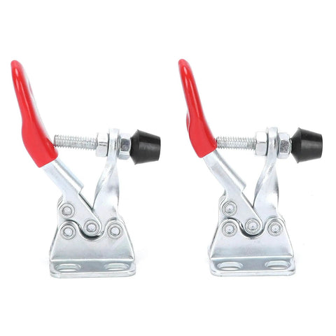 Horizontal Toggle Clamps Set With 66 Lb Holding Capacity And Rubber Pressure Tip For Woodworking Jigs And Fixtures Welding Drill Press And Crosscut Sled Projects Rock Solid Heavy Duty Clamp System, showing two clamps with red handles and rubber tips.