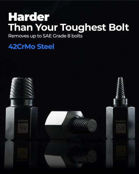 Impact screw extractor set pieces highlighting different sizes for heavy duty bolt and nut removal with CrMo steel