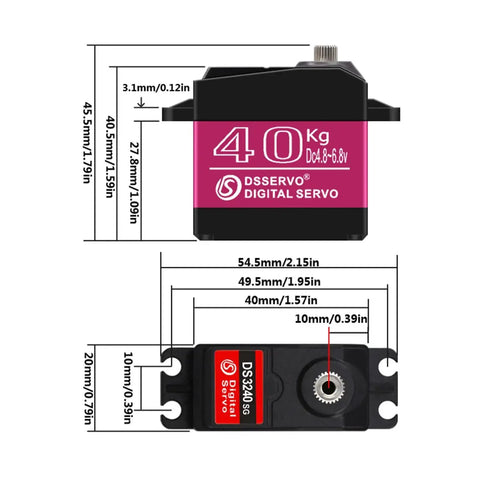 Technical diagram of 40Kg High Torque RC Servo With Metal Gear Digital HV 6.8V 180 Degree Swing showing dimensions and specifications.