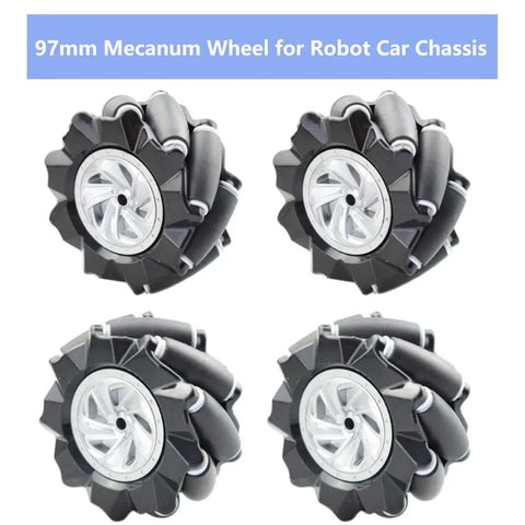 Mecanum Wheel Set For AGV Robots 97mm Omni Directional Wheels With Four 6mm Metal Couplings For DC Motors shown in set of four