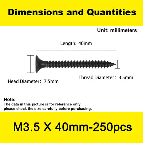 Dimensions of M3.5 x 40mm screw showing length, head, and thread diameter on a yellow background