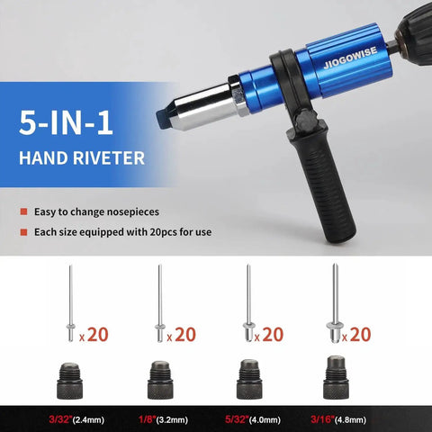 Cordless Drill Rivet Gun Adapter Kit Converts Your Drill Into a Rivet Gun With 4 Rivet Heads and 80 Rivets shown with components