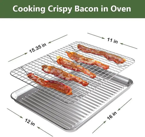 Sturdy Stainless Steel Baking Sheet With Rack Set, 2 Pans And 2 Racks, Nonstick, rust free, warp resistant, for baking bacon, 16x12 in.