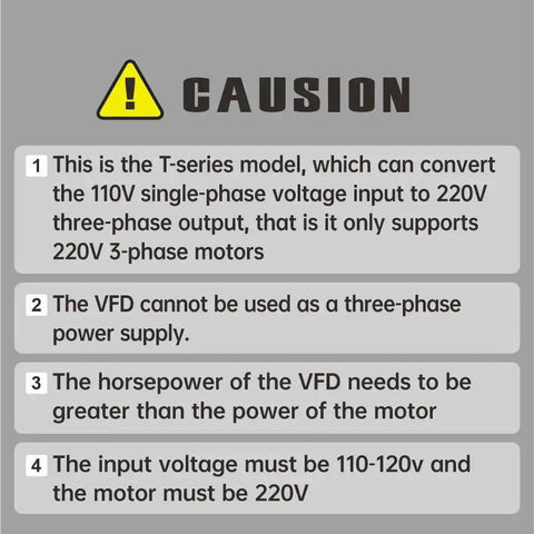 Caution notice for 110V to 220V Variable Frequency Drive for 3 phase motors with single phase input