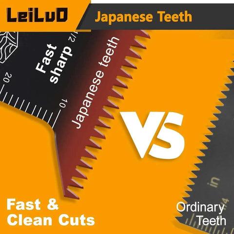 158-Piece Oscillating Tool Blade Kit With Sandpaper And Storage Bag For Quick Cuts And Smooth Sanding, Universal Blades For DeWalt Makita Dremel And More, Includes CrV Japanese Teeth And Durable Storage Case LEILUO showing Japanese teeth blade vs ordinary teeth.