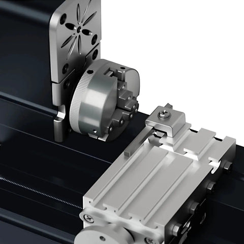 Close-up of All Metal Mini Lathe For Hobbyists with 20000 RPM and 36W Power, showcasing the chuck and tool holder.