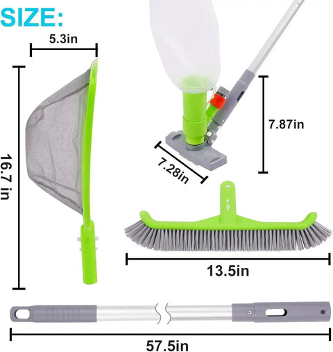Deluxe Pool Cleaning Kit With Spa Jet Vacuum And Thirteen Point Five Inch Brush Semi Deep Skimmer Net And Fifty Seven Point Five Inch Adjustable Pole For Above Ground And Inflatable Pools No Fuss Quick Debris Cleanup