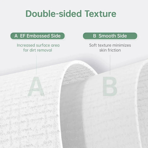 Close-up of double-sided XL Biodegradable Makeup Removal Towels For Sensitive Skin Lint Free 50 Count showing EF embossed and smooth sides.