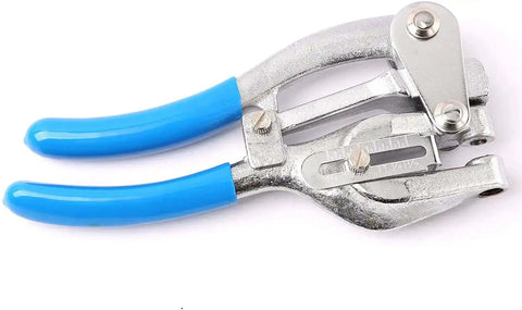 Hand Held Power Punch And Sheet Metal Hole Punch Kit with blue handles for auto body repair, shows heavy duty adjustable edge guide.