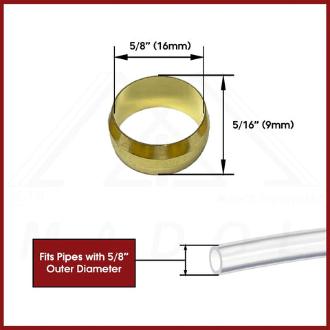 Brass compression ferrule sleeve for 5/8 in tube OD; fits 5/8 in outer diameter pipes.