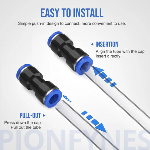 PIONFYNES 60pcs plastic push-to-connect air fittings kit, two black connectors with blue collars for 5/32–1/2 in hoses