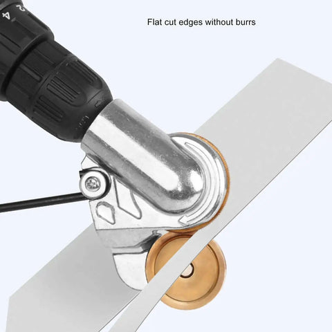 Drill Plate Cutter Attachment showing incisive cutting on metal plate, ideal for safer metal plate projects with corded and cordless drills.