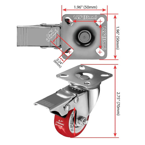 8 Pack Swivel Plate Casters With Red Polyurethane Wheels 2 Inch Diameter Plate 50mm Hole Center 33mm Locking Brakes Optional