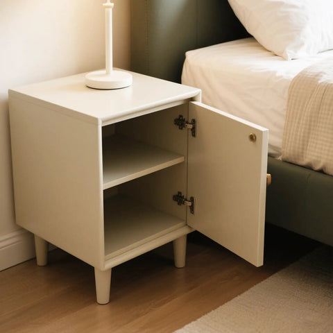 Open cabinet next to bed showing installed Six Pack 165 Degree Full Overlay Cabinet Door Hinges With Soft Close No Slam Concealed
