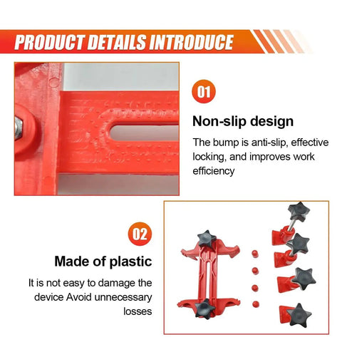 Automotive dual camshaft locking tool set in red plastic with star-knob clamps; anti-slip design