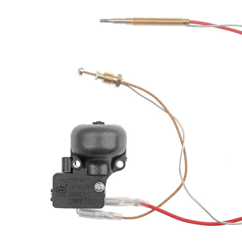 Timsec outdoor patio heater thermocouple sensor with tip-over switch; brass threaded probe, red and copper wires, black housing.