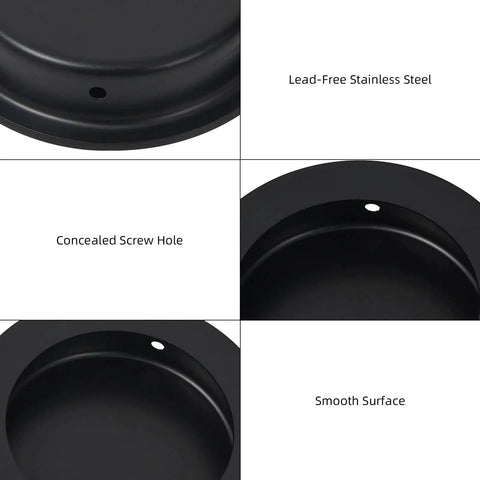 Recessed Pocket Door Pull Handles 2 And 3 Quarter Inch Round Finger Flush Pulls for Barn Doors Matte Black, close-up view.