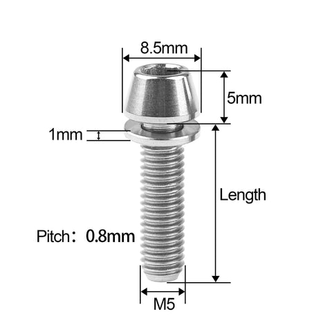 Titanium MTB Stem Bolts M5x16/18/20mm Taper Head Hex Socket Screws With Titanium Washers Pack Of 6 Dope Grade 5 6AL4V shown with dimensions