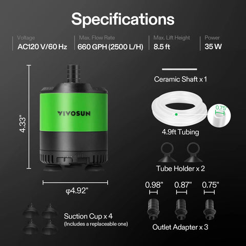 VIVOSUN submersible water pump, green and black, 660 GPH, 35W, includes 4.9 ft tubing, ceramic shaft, and outlet adapters