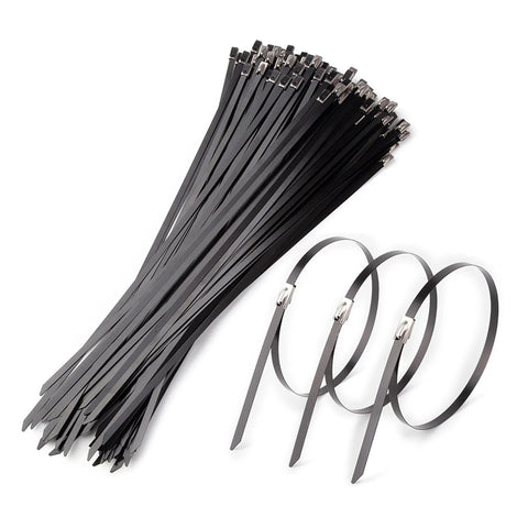 Black nylon zip ties with metal locking heads, 100 pcs, and stainless steel strap ties for pipes and roofs.
