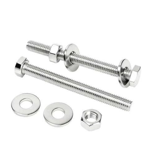 Two 1/4-20x4 inch stainless steel hex bolts with nuts, lock washers, and flat washers for DIY projects and repairs.
