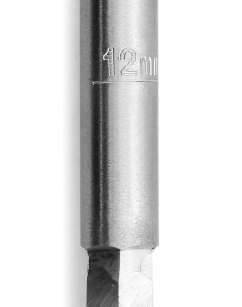 Close-up of Heavy Duty Wood Auger Drill Bit For Fast Drilling With Self Feeding Coarse Screw Point One Half Inch Diameter Sixteen Inch Length Three Eighth Inch Hex Shank QWORK showing hex shank and screw point.