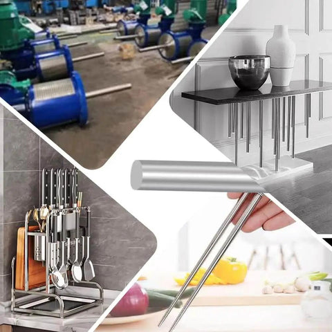 Collage showing Heavy Duty Five Piece 304 Stainless Steel Rod Set 0.125 Inch Diameter 10 Inch Length in various uses.