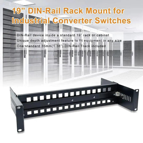 Universal 2U 19 Inch Rack Mount Kit For DIN Rail Devices With Adjustable Depth Includes 1.38 Inch DIN Rail Track Simplified Mounting For Industrial Media Converters In Standard Cabinets And Server Racks, shown in a server room setting.