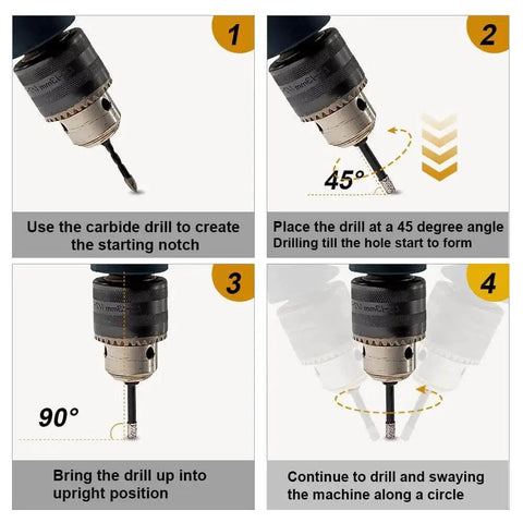 Step-by-step guide using Dry Diamond Drill Bit Set With Four One Quarter Inch Diamond Core Bits And One Quarter Inch Carbide Drill Bit