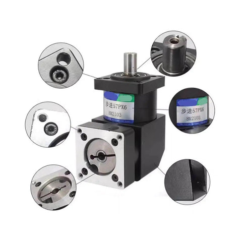 90 Degree Planetary Reducer Gearbox For Nema 23 Stepper And Servo Motors With Ratios 3 4 6 10 PXW57 Compatible features and connectors