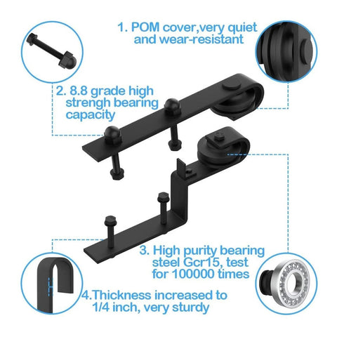 Close-up of components from Bypass Barn Door Sliding Track Kit For Double Doors 4 To 16 Feet J Shaped Hanging Rails Matte Black Steel Hardware